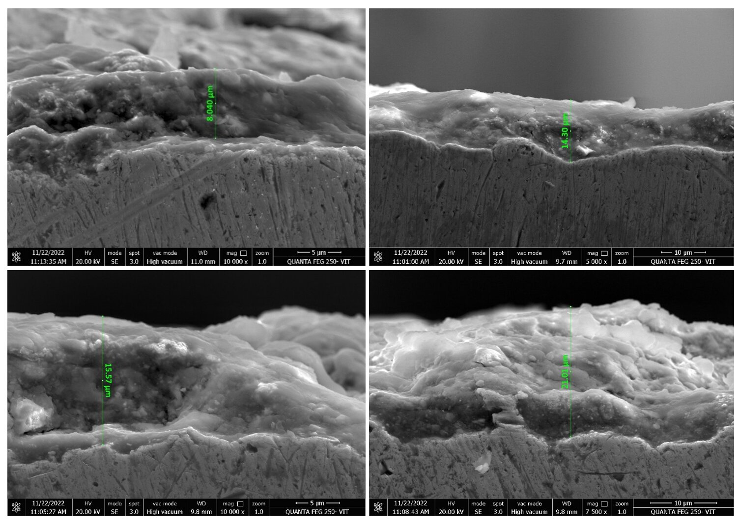 Cross-sectional SEM micrographs of the CuNi coatings showing coating thickness across loadings