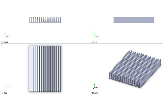 CAD orthographic views of the solid trapezoidal fin assembly