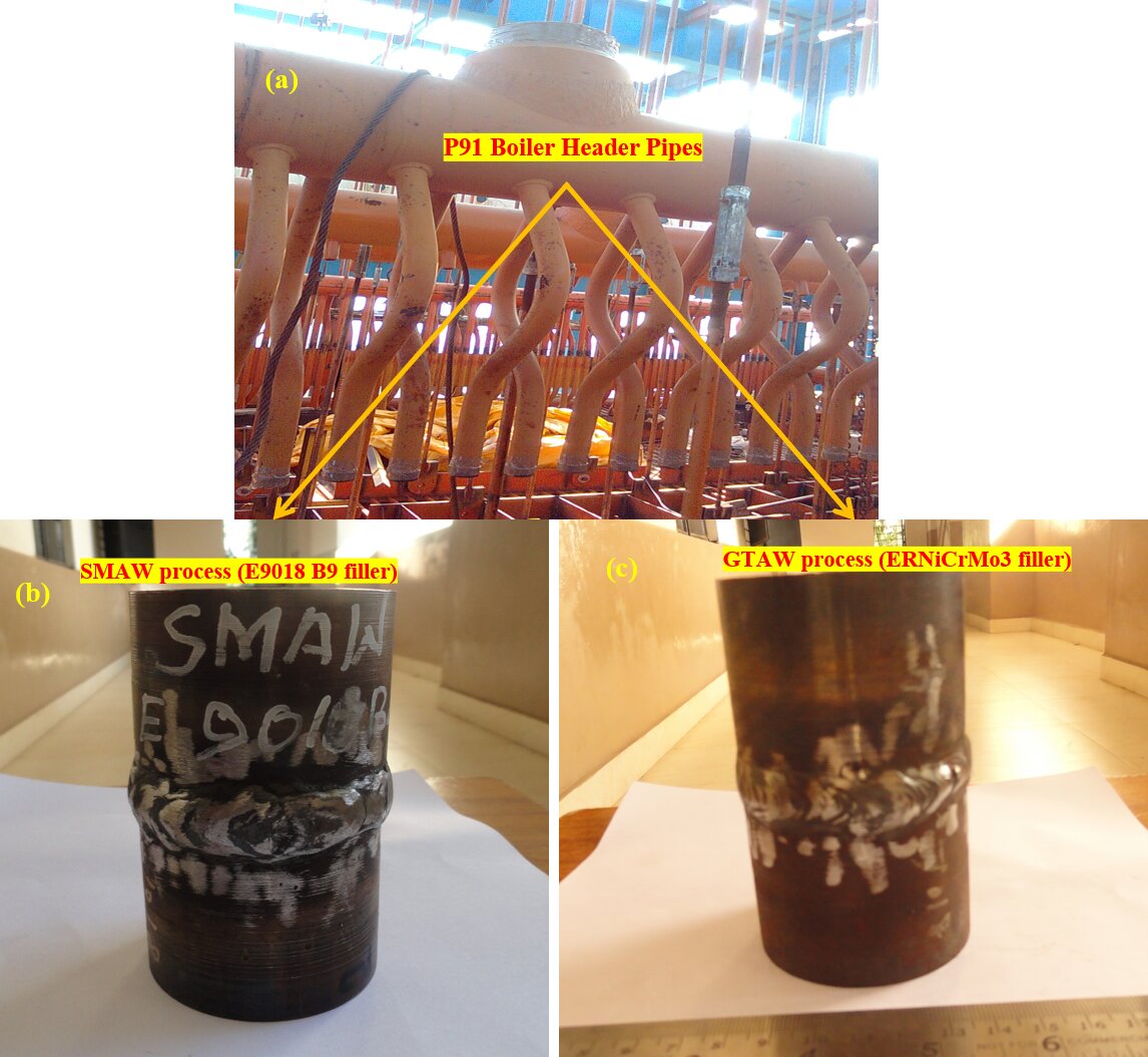 Photograph of P91 boiler header pipes with SMA and GTA welded joints