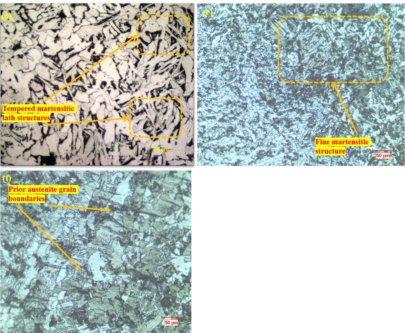 Optical micrograph SEM comparing base metal, GTA, and SMA weld zone microstructures