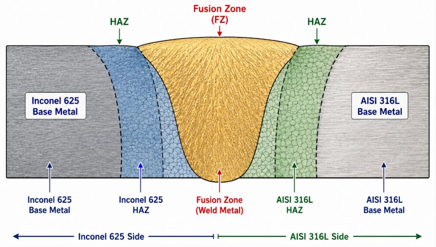 Schematic diagram of the fusion zone, HAZ, and base metal zones across the dissimilar joint