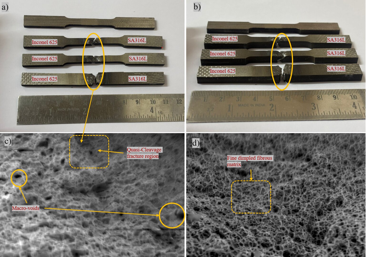 Macro photographs of tensile test specimens showing fracture location