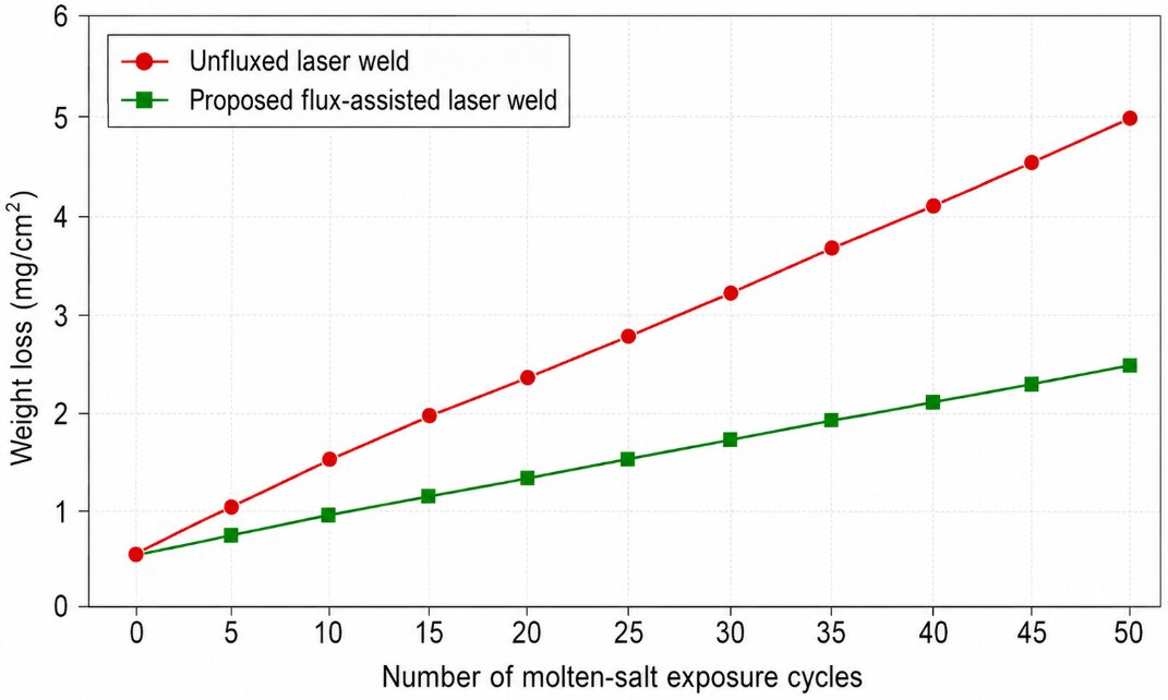 Chart comparing weight loss over corrosion cycles for unfluxed and flux-assisted laser welds
