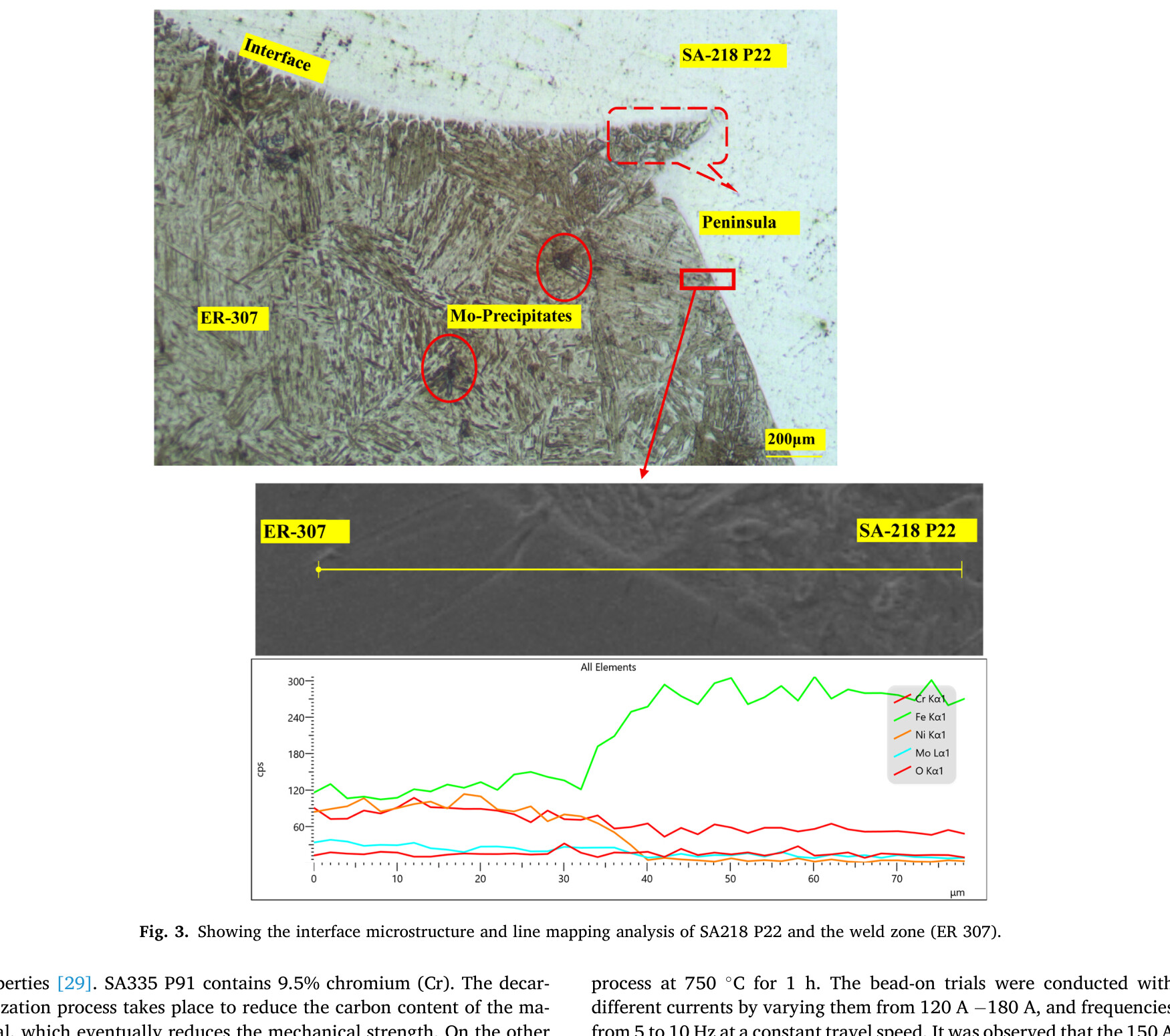 Fig. 3: interface microstructure and line mapping analysis of SA218 P22 and the weld zone