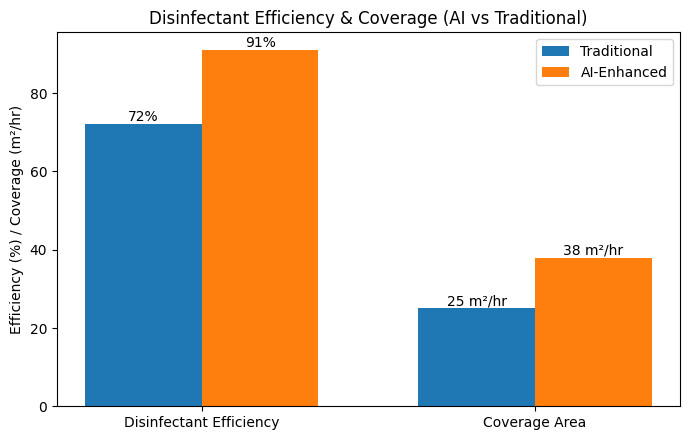 Bar chart comparing traditional vs AI-enhanced disinfectant efficiency