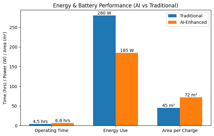 Bar chart comparing traditional vs AI-enhanced energy consumption and operating time