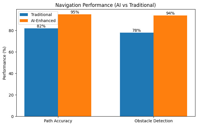 Bar chart comparing traditional vs AI-enhanced navigation performance