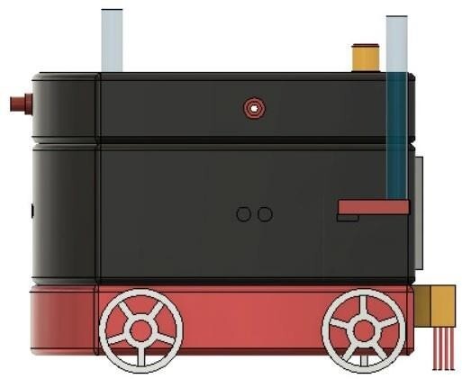 CAD render of the sanitization robot, side view, showing mopping brush and disinfectant tank
