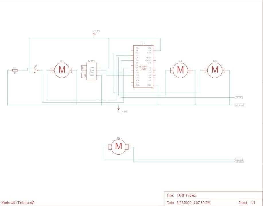 Tinkercad motor control and sensor wiring schematic